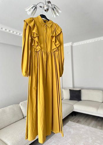 Sarı Fırfırlı Uzun Keten Elbise Manuka Hoopstore - Görsel 4