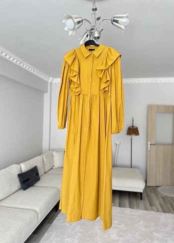 Sarı Fırfırlı Uzun Keten Elbise Manuka Hoopstore - Görsel 6