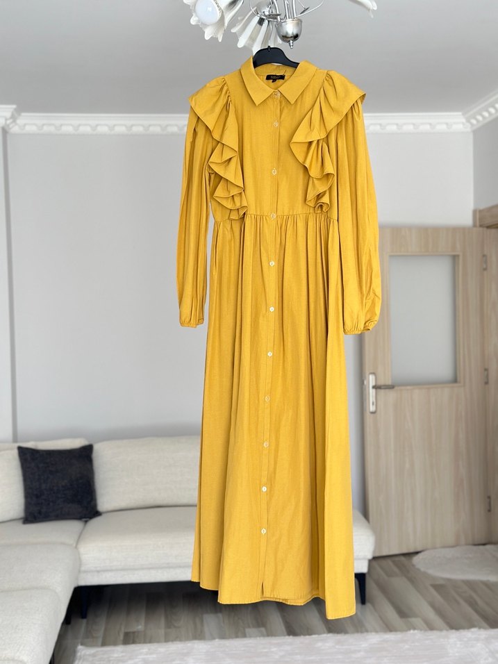 Sarı Fırfırlı Uzun Keten Elbise Manuka Hoopstore - Görsel 2