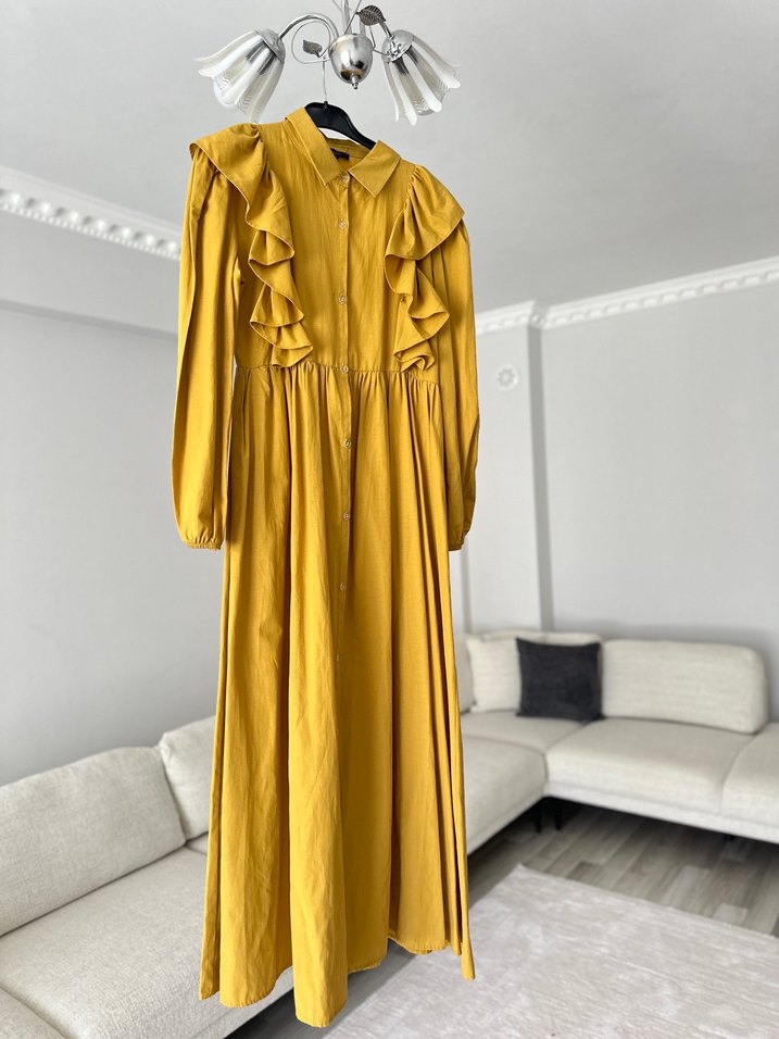 Sarı Fırfırlı Uzun Keten Elbise Manuka Hoopstore - Görsel 4