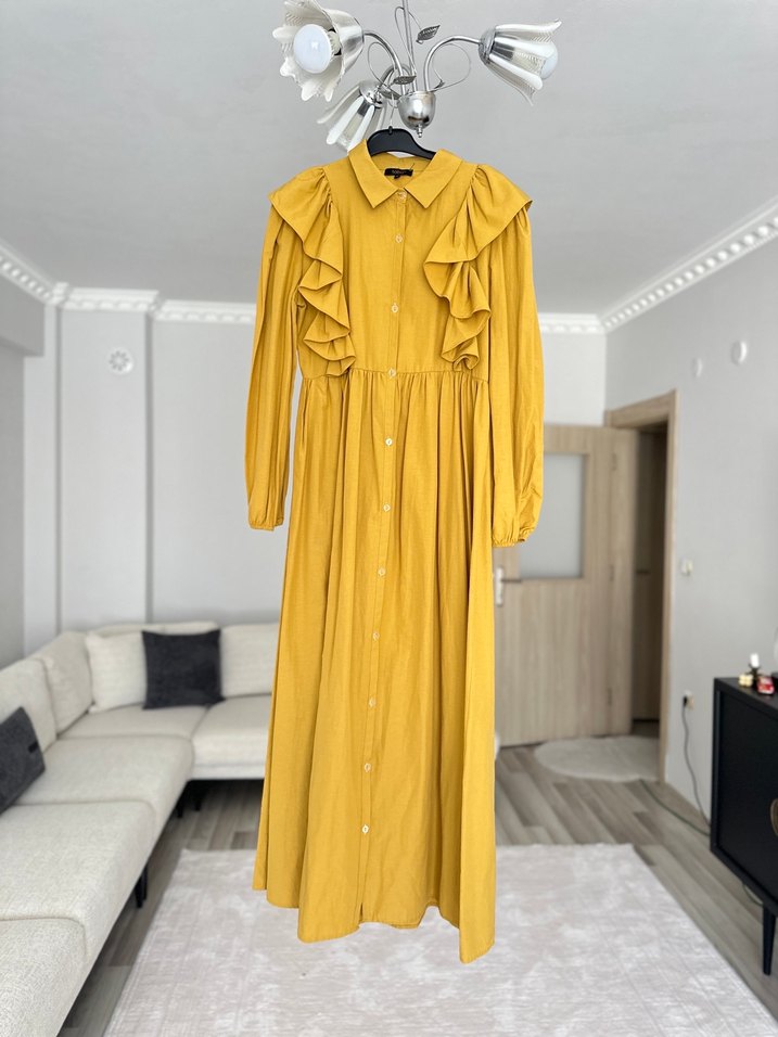 Sarı Fırfırlı Uzun Keten Elbise Manuka Hoopstore - Görsel 3