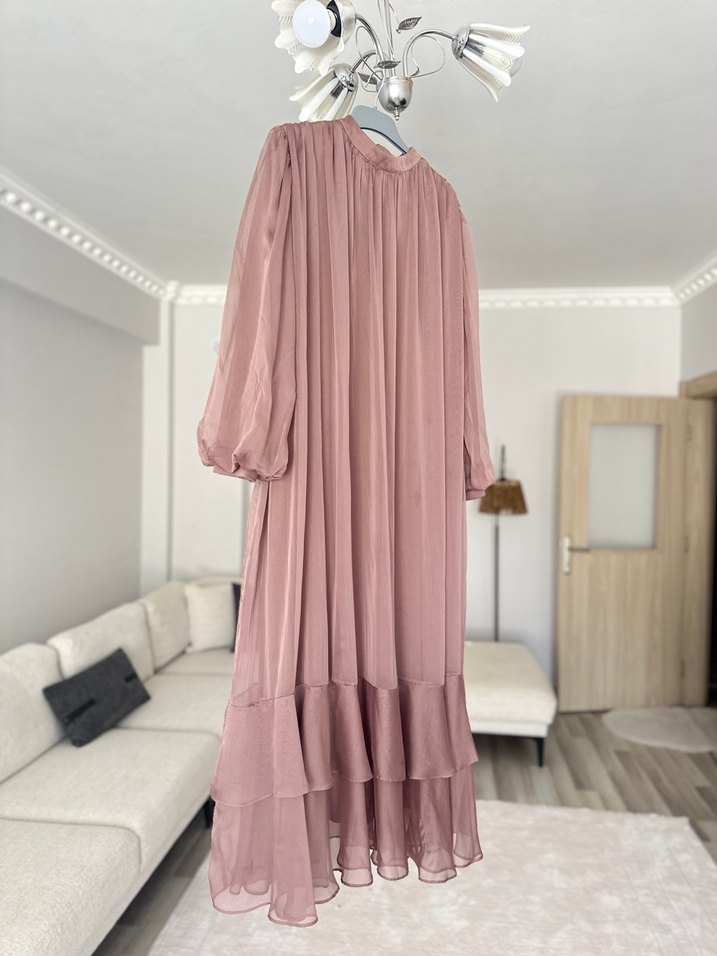 Uzun Kol Bohem Fırfırlı Bej Elbise - Görsel 4