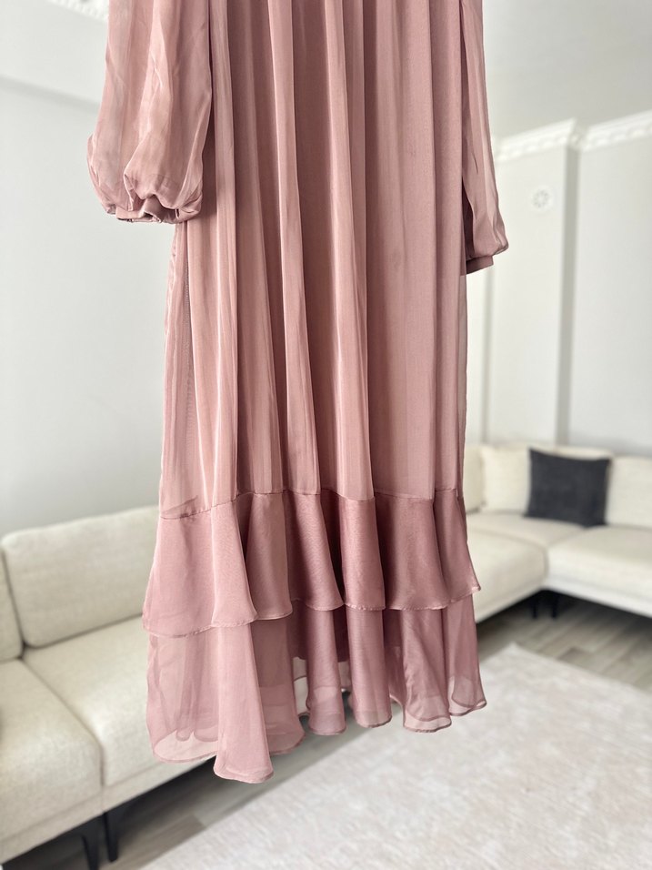 Uzun Kol Bohem Fırfırlı Bej Elbise - Görsel 2