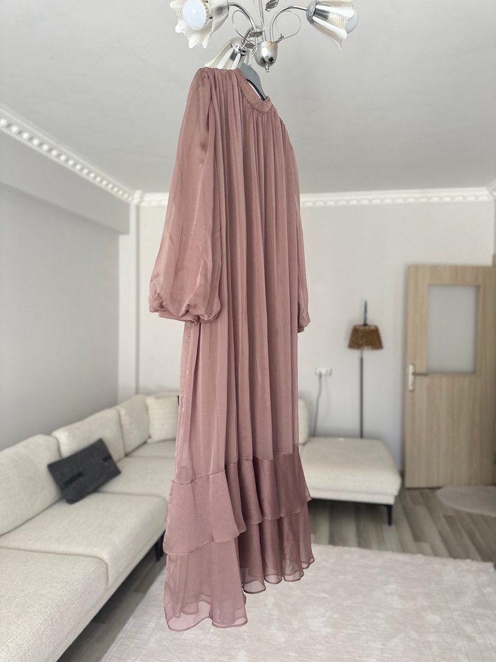 Uzun Kol Bohem Fırfırlı Bej Elbise - Görsel 5