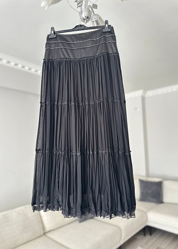 Siyah Şifon Pilili Uzun Gotik Etek - Görsel 9