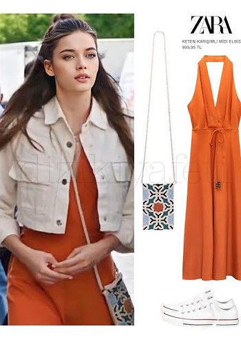 Zara Zara Turuncu midi keten Elbise