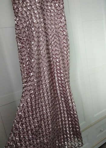 pembe  Parlak Yılan Desenli Uzun Abiye Elbise - Görsel 4