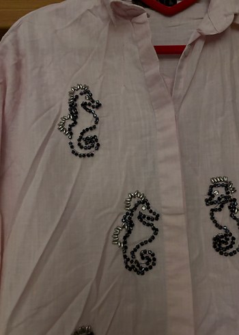 Pembe Nakışlı Uzun Kollu Keten Gömlek - Görsel 2