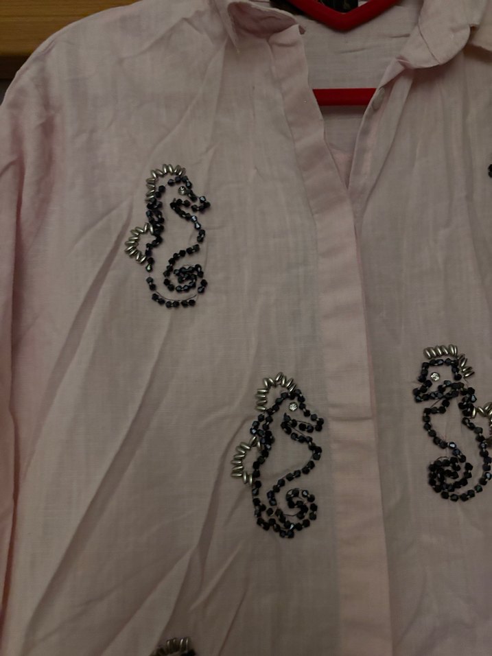 Pembe Nakışlı Uzun Kollu Keten Gömlek - Görsel 2