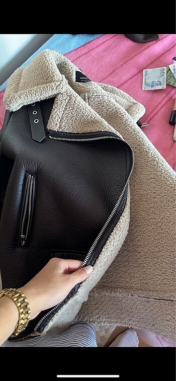 m Beden Stradivarius kontrast Suni kürklü biker ceket