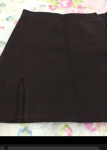 Kahverengi Kaşe Mini Etek Yırtmaçlı - Görsel 2