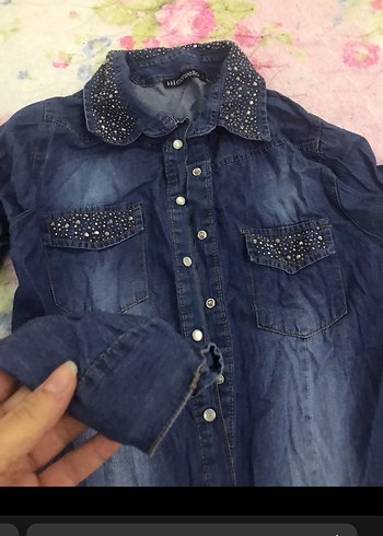 Mavi Kot Kadın Gömlek, Uzun Kollu, Düğmeli Taş Detaylı - Görsel 2