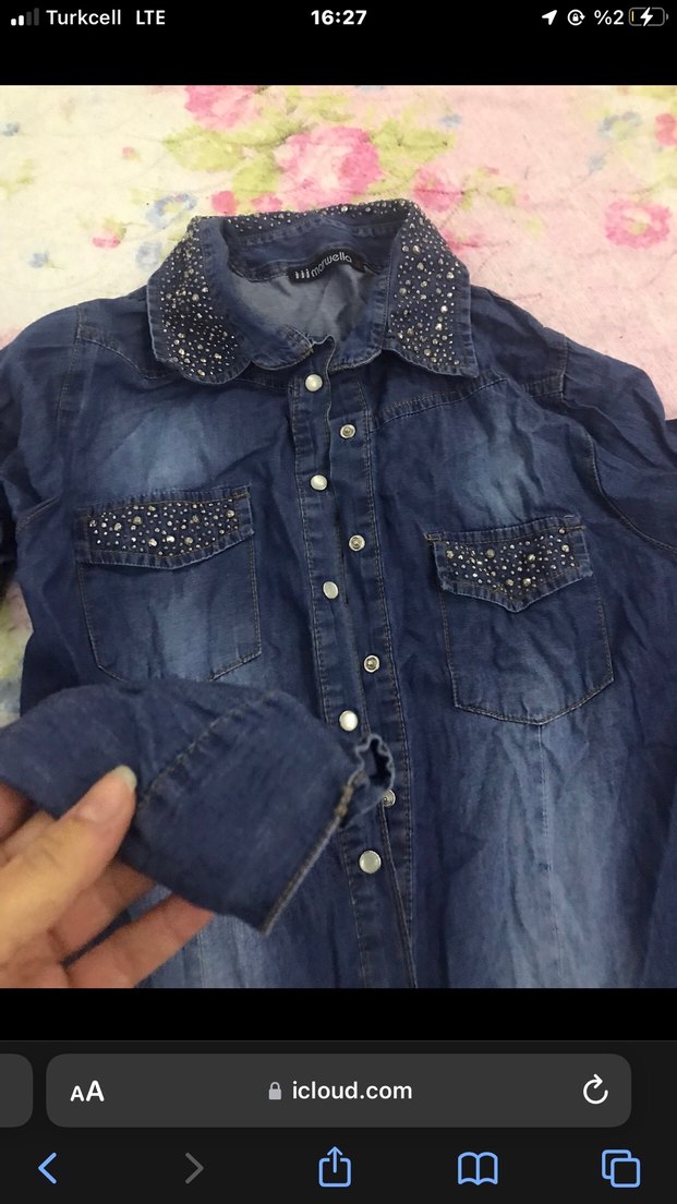 Mavi Kot Kadın Gömlek, Uzun Kollu, Düğmeli Taş Detaylı - Görsel 2