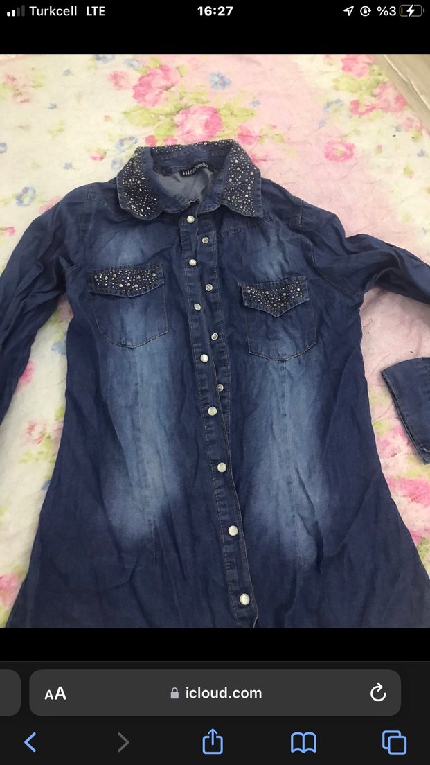 Mavi Kot Kadın Gömlek, Uzun Kollu, Düğmeli Taş Detaylı - Görsel 3