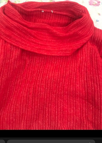 Kırmızı Örgü Kayık Yaka Kadın Kazak - Görsel 2