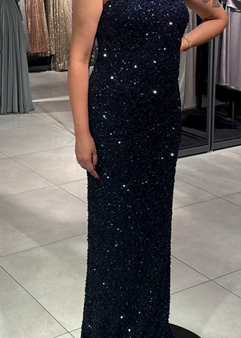 Lacivert Payetli Uzun Straplez Abiye Elbise - Görsel 3