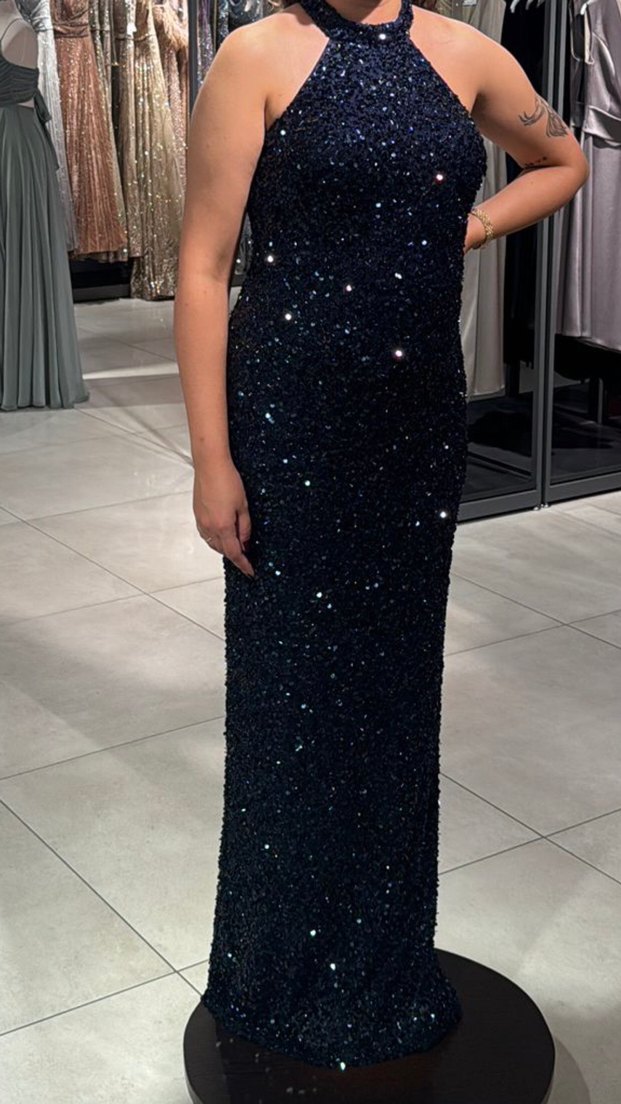 Lacivert Payetli Uzun Straplez Abiye Elbise - Görsel 3