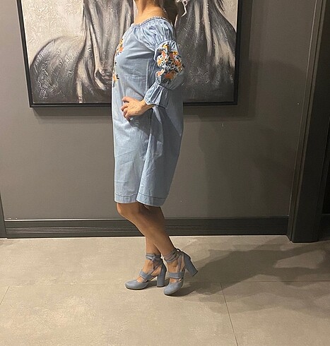 m Beden mavi Renk Madonna yaka elbise (38)