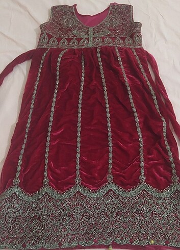 İşlemeli şık elbise kadife fuşya rengi etnik Hint elbisesi kına 