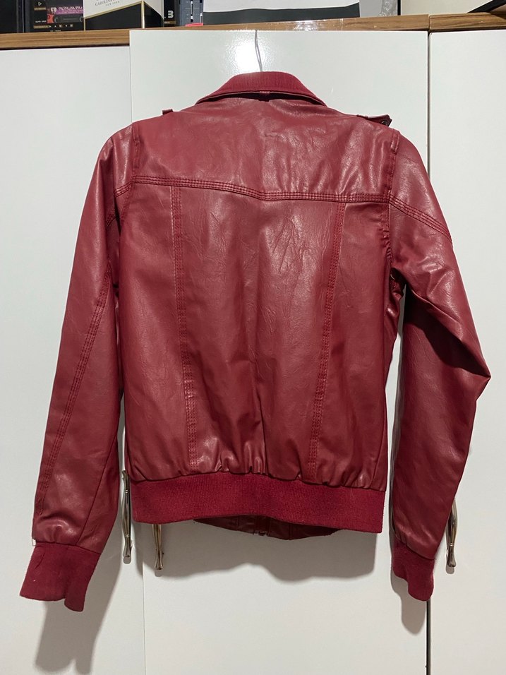 Bordo Deri Biker Ceket - Görsel 4