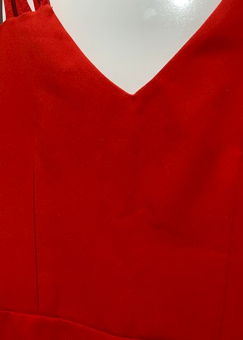 Kırmızı V Yakalı Askılı Midi Elbise - Görsel 2