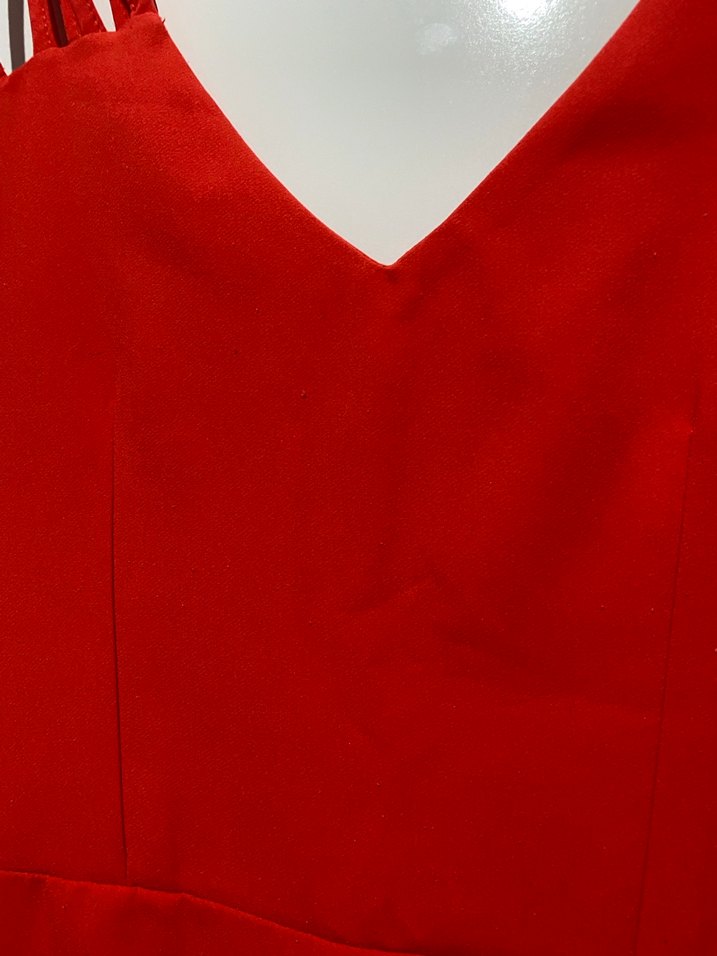 Kırmızı V Yakalı Askılı Midi Elbise - Görsel 2