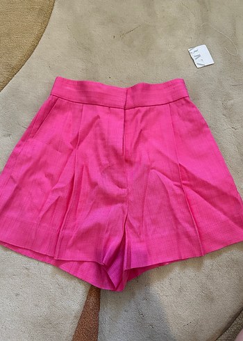 Pembe Pilili Yüksek Bel Mini Keten Şort
