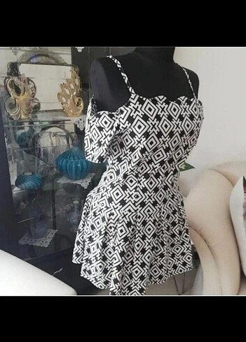 G&Y FASHION SİYAH/BEYAZ PAMUKLU YAZLIK MİNİ ELBİSE 
