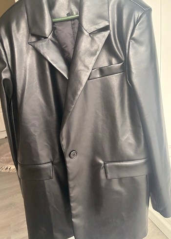 Siyah Deri Kadın Ceket, Düğmeli, Midi Boy - Görsel 2