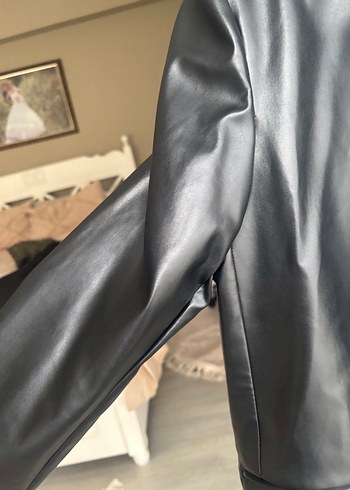 Siyah Deri Kadın Ceket, Düğmeli, Midi Boy - Görsel 3