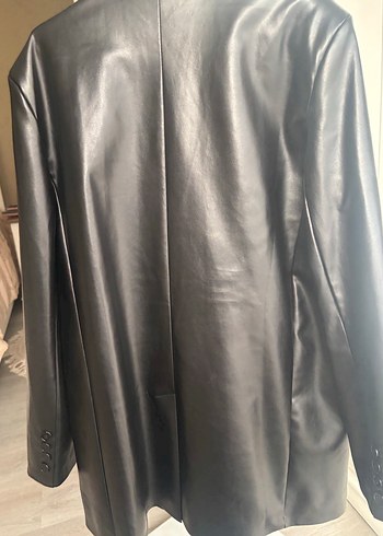 Siyah Deri Kadın Ceket, Düğmeli, Midi Boy - Görsel 5