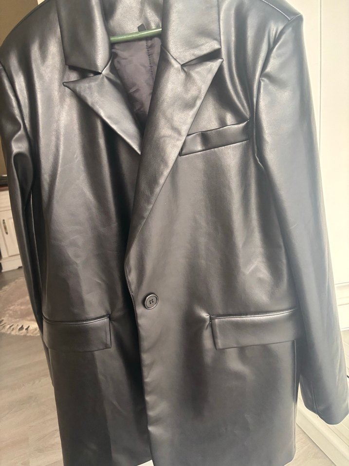 Siyah Deri Kadın Ceket, Düğmeli, Midi Boy - Görsel 2