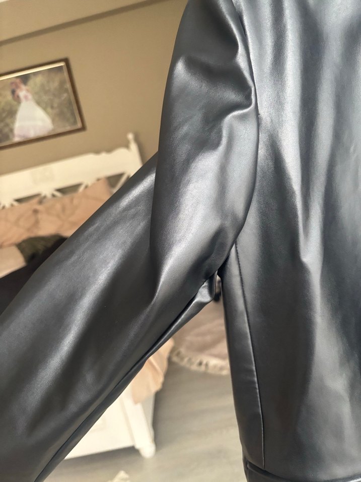 Siyah Deri Kadın Ceket, Düğmeli, Midi Boy - Görsel 3