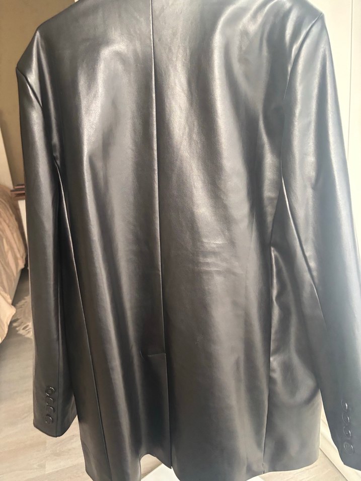 Siyah Deri Kadın Ceket, Düğmeli, Midi Boy - Görsel 5