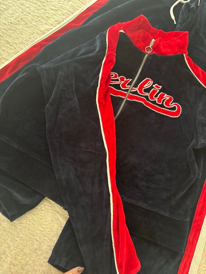 Lacivert kadife Kadın Spor Rahat kesim eşofman takımı - Görsel 4