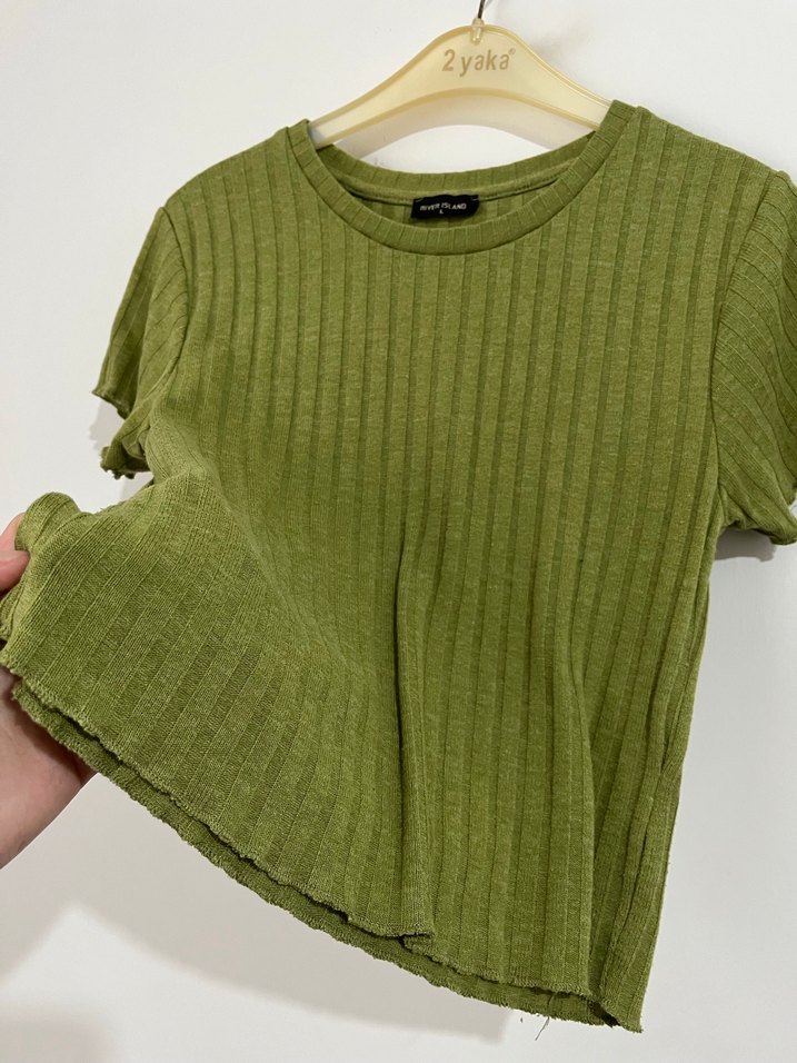 Kadın Haki Kısa Kollu Fitilli Tişört - Görsel 5