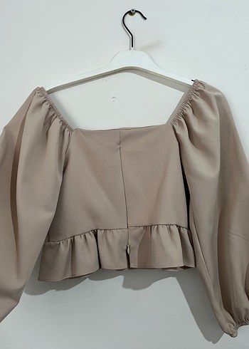 Bej Mini Bluz, Uzun Kollu, Fırfırlı - Görsel 2