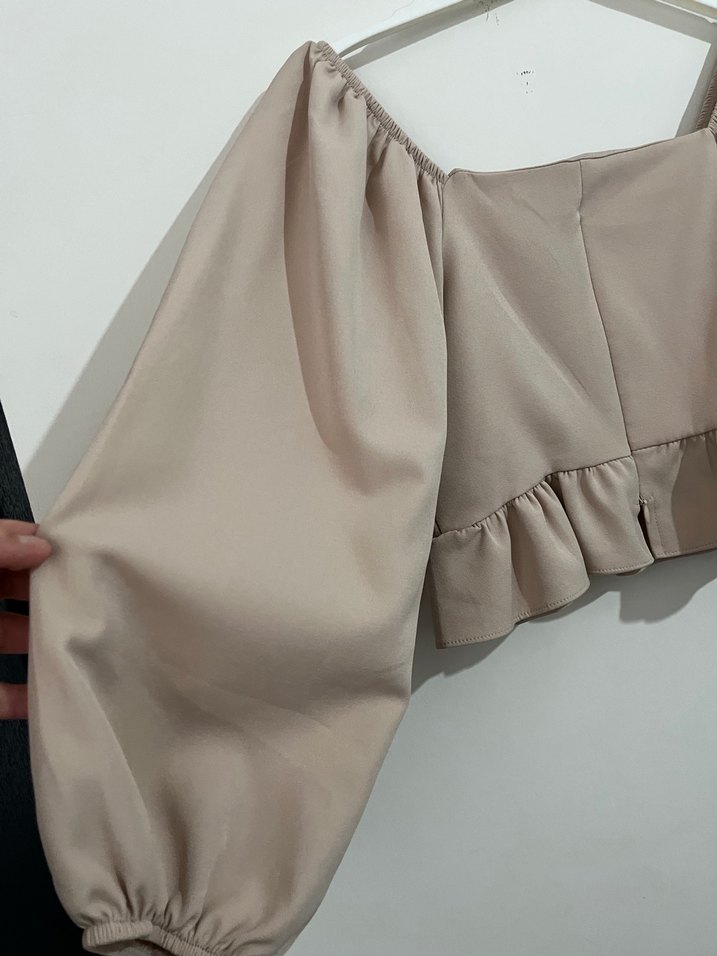 Bej Mini Bluz, Uzun Kollu, Fırfırlı - Görsel 3