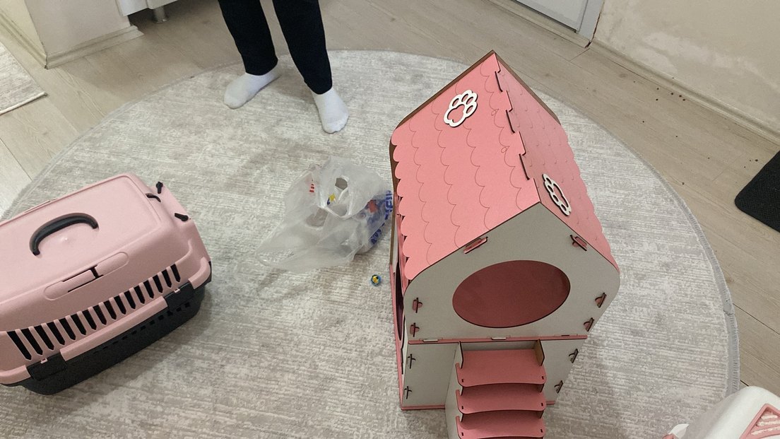 Pastel Pembe Kedi Evi ve Oyun Alanı - Görsel 4