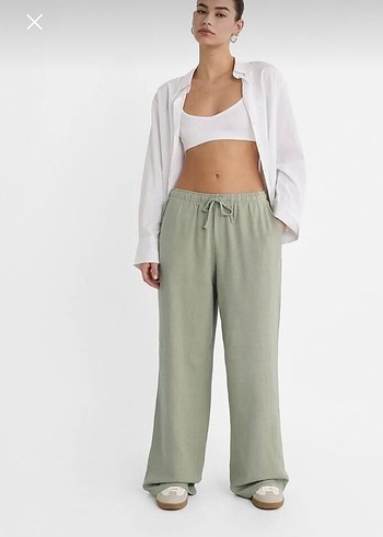 Stradivarius yeşil haki keten pantolon