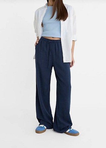 Stradivarius lacivert keten pantolon