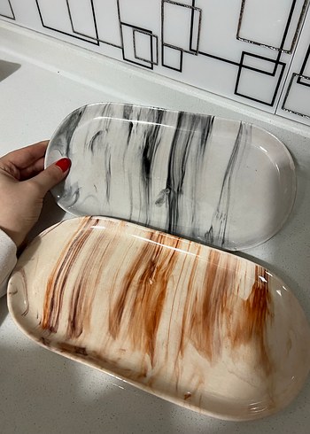 Mermer Desenli Bej ve Gri Tabak Seti - Görsel 3