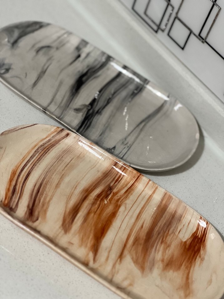 Mermer Desenli Bej ve Gri Tabak Seti - Görsel 2