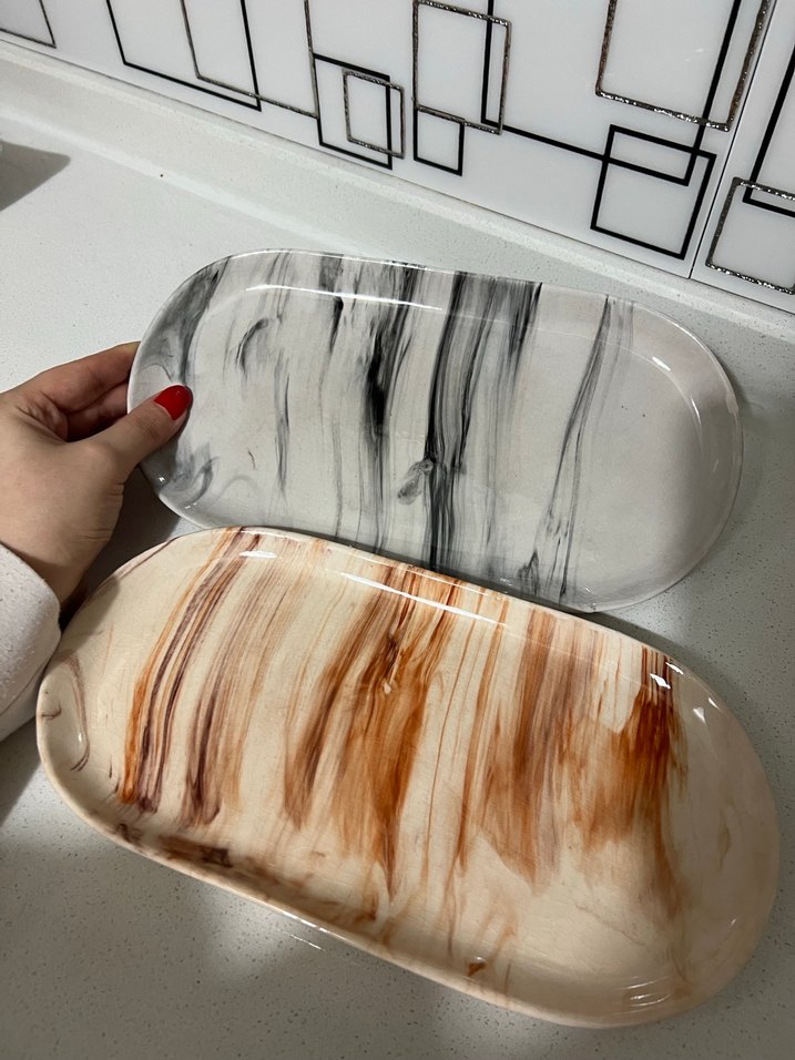 Mermer Desenli Bej ve Gri Tabak Seti - Görsel 3