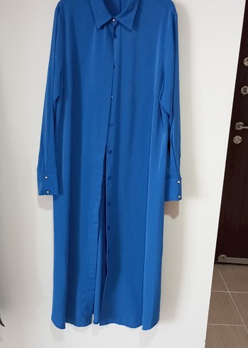 Düğmeli Mavi Uzun Kadın Tunik