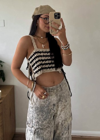 Siyah Bej Bağcıklı Crop Top