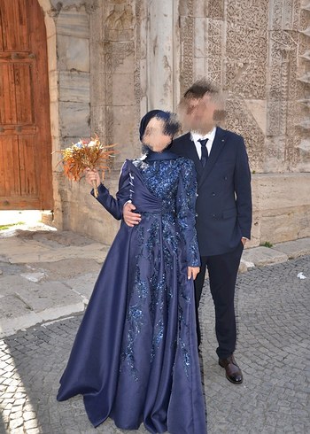 38 Beden Lacivert Uzun Kollu Tesettür Abiye Elbise