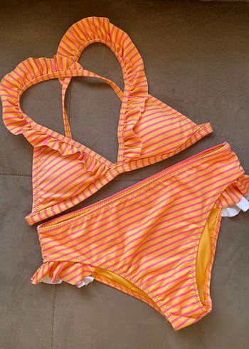 Turuncu Çizgili Kız Bikini Takımı
