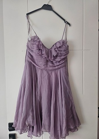 Mor Uzun Askılı Fırfırlı Abiye Elbise - Görsel 3