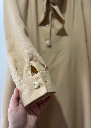 Bej Uzun Düğmeli Kadın Keten Klasik elbise - Görsel 4